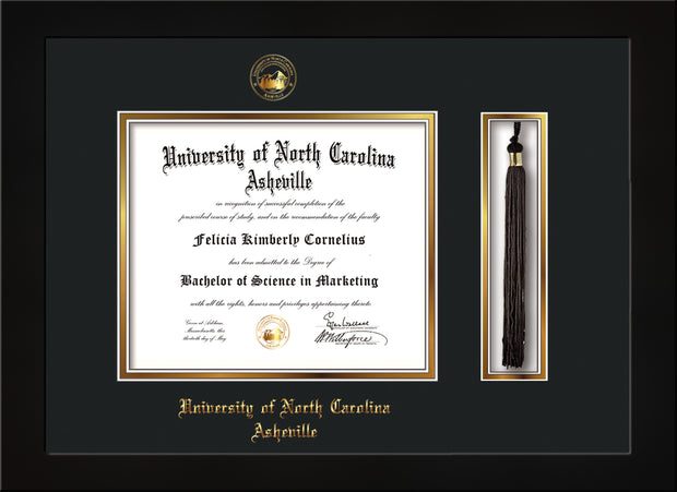 Image of University of North Carolina Asheville Diploma Frame - Flat Matte Black - w/Embossed UNCA Seal & Name - Tassel Holder - Black on Gold mat