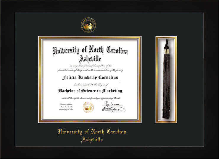 Image of University of North Carolina Asheville Diploma Frame - Flat Matte Black - w/Embossed UNCA Seal & Name - Tassel Holder - Black on Gold mat