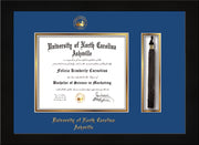 Image of University of North Carolina Asheville Diploma Frame - Flat Matte Black - w/Embossed UNCA Seal & Name - Tassel Holder - Royal Blue on Gold mat