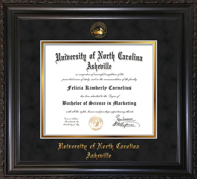 Image of University of North Carolina Asheville Diploma Frame - Vintage Black Scoop - w/Embossed UNCA Seal & Name - Black Suede on Gold mat