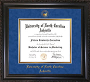 Image of University of North Carolina Asheville Diploma Frame - Vintage Black Scoop - w/Embossed UNCA Seal & Name - Royal Blue Suede on Gold mat