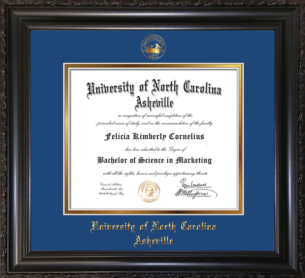 Image of University of North Carolina Asheville Diploma Frame - Vintage Black Scoop - w/Embossed UNCA Seal & Name - Royal Blue on Gold mat