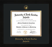 Image of University of North Carolina Asheville Diploma Frame - Flat Matte Black - w/Embossed UNCA Seal & Name - Black on Gold mat