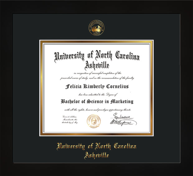 Image of University of North Carolina Asheville Diploma Frame - Flat Matte Black - w/Embossed UNCA Seal & Name - Black on Gold mat