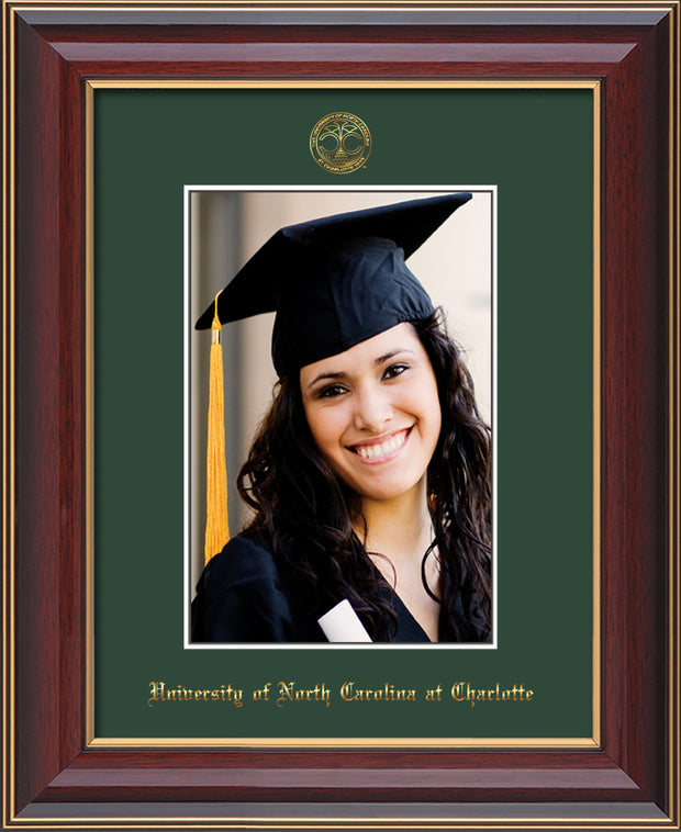 Image of University of North Carolina Charlotte 5 x 7 Photo Frame - Cherry Lacquer - w/Official Embossing of UNCC Seal & Name - Single Green mat