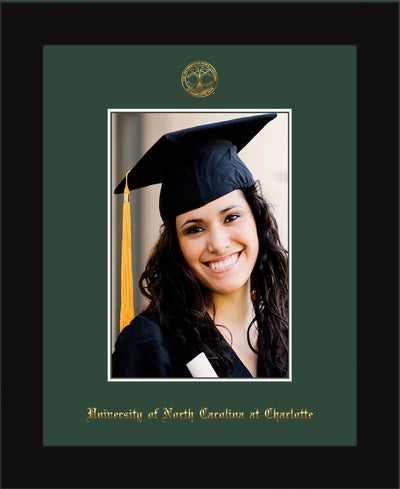 Image of University of North Carolina Charlotte 5 x 7 Photo Frame - Flat Matte Black - w/Official Embossing of UNCC Seal & Name - Single Green mat