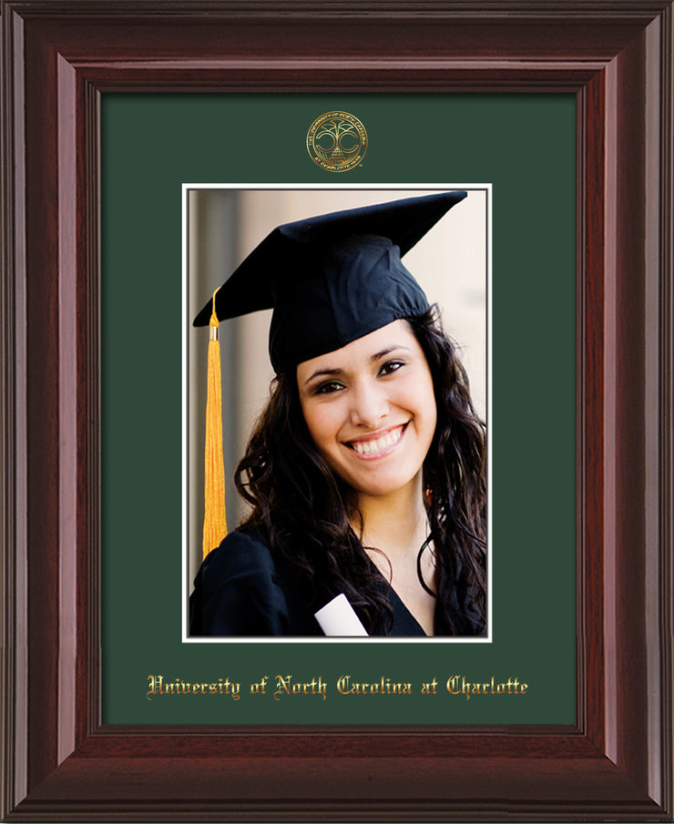Image of University of North Carolina Charlotte 5 x 7 Photo Frame - Mahogany Lacquer - w/Official Embossing of UNCC Seal & Name - Single Green mat