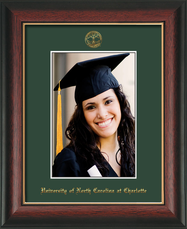 Image of University of North Carolina Charlotte 5 x 7 Photo Frame - Rosewood w/Gold Lip - w/Official Embossing of UNCC Seal & Name - Single Green mat
