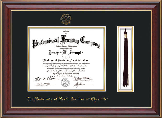 Image of University of North Carolina Charlotte Diploma Frame - Cherry Reverse - w/Official Embossing of UNCC Seal & Name - Tassel Holder - Black on Gold mats