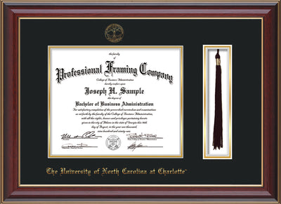 Image of University of North Carolina Charlotte Diploma Frame - Cherry Lacquer - w/Official Embossing of UNCC Seal & Name - Tassel Holder - Black on Gold mats