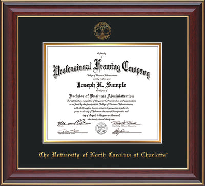 Image of University of North Carolina Charlotte Diploma Frame - Black Lacquer - w/Official Embossing of UNCC Seal & Name - Black on Gold mats