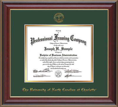 Image of University of North Carolina Charlotte Diploma Frame - Cherry Lacquer - w/Official Embossing of UNCC Seal & Name - Green on Gold mats