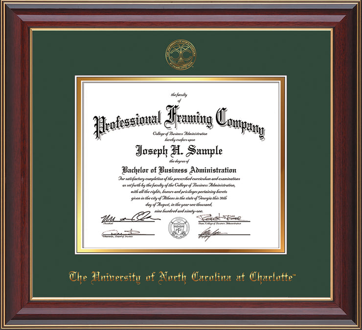 Image of University of North Carolina Charlotte Diploma Frame - Cherry Lacquer - w/Official Embossing of UNCC Seal & Name - Green on Gold mats
