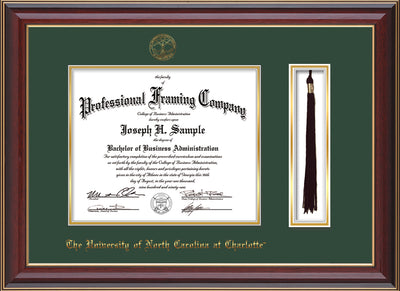 Image of University of North Carolina Charlotte Diploma Frame - Cherry Lacquer - w/Official Embossing of UNCC Seal & Name - Tassel Holder - Green on Gold mats