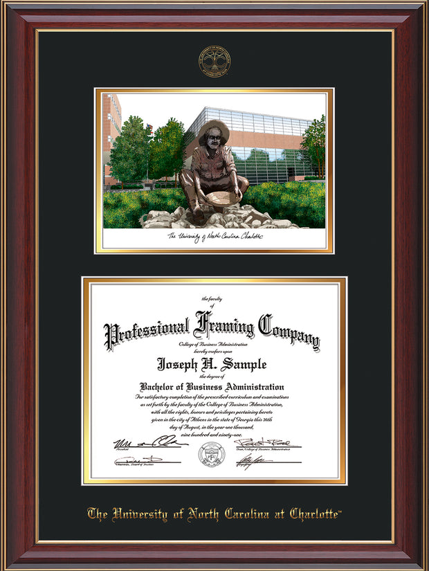 Image of University of North Carolina Charlotte Diploma Frame - Cherry Lacquer - w/Official Embossing of UNCC Seal & Name - Watercolor - Black on Gold