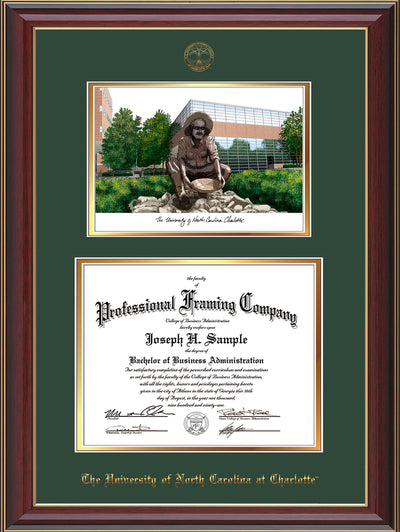 Image of University of North Carolina Charlotte Diploma Frame - Cherry Lacquer - w/Official Embossing of UNCC Seal & Name - Campus Watercolor - Green on Gold