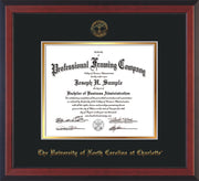 Image of University of North Carolina Charlotte Diploma Frame - Cherry Reverse - w/Official Embossing of UNCC Seal & Name - Black on Gold mats