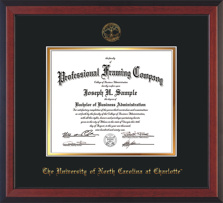 Image of University of North Carolina Charlotte Diploma Frame - Cherry Reverse - w/Official Embossing of UNCC Seal & Name - Black on Gold mats