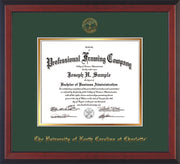 Image of University of North Carolina Charlotte Diploma Frame - Cherry Reverse - w/Official Embossing of UNCC Seal & Name - Green on Gold mats