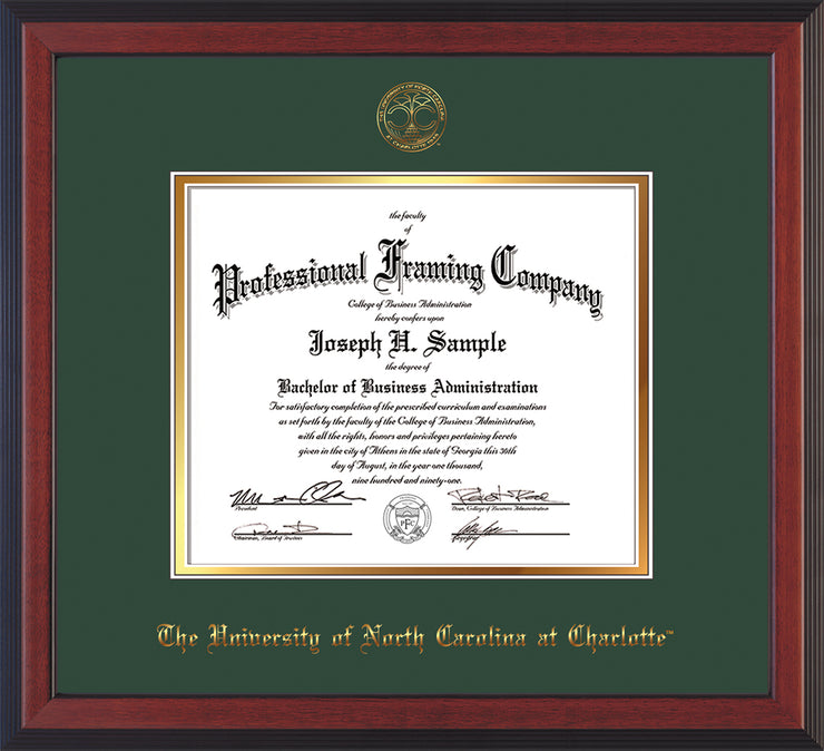 Image of University of North Carolina Charlotte Diploma Frame - Cherry Reverse - w/Official Embossing of UNCC Seal & Name - Green on Gold mats