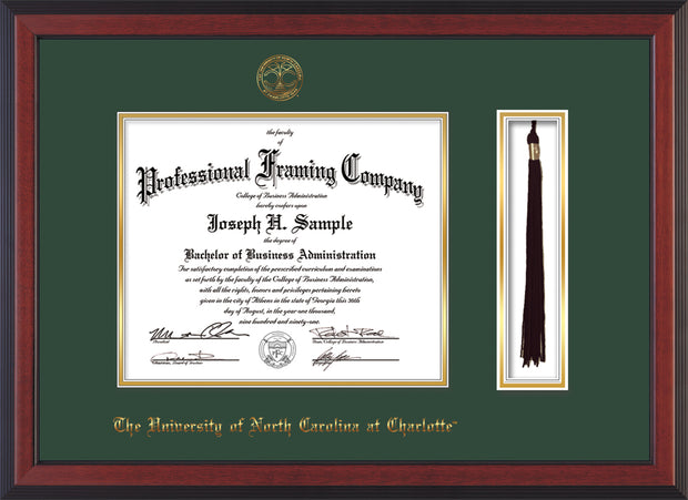 Image of University of North Carolina Charlotte Diploma Frame - Cherry Reverse - w/Official Embossing of UNCC Seal & Name - Tassel Holder - Green on Gold mats