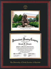 Image of University of North Carolina Charlotte Diploma Frame - Cherry Reverse - w/Official Embossing of UNCC Seal & Name - Campus Watercolor - Black on Gold