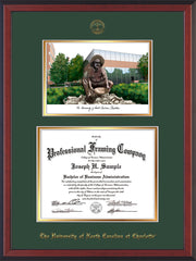 Image of University of North Carolina Charlotte Diploma Frame - Cherry Reverse - w/Official Embossing of UNCC Seal & Name - Campus Watercolor - Green on Gold
