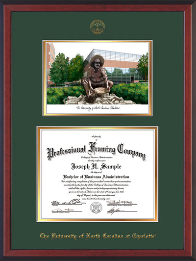 Image of University of North Carolina Charlotte Diploma Frame - Cherry Reverse - w/Official Embossing of UNCC Seal & Name - Campus Watercolor - Green on Gold