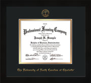 Image of University of North Carolina Charlotte Diploma Frame - Flat Matte Black - w/Official Embossing of UNCC Seal & Name - Black on Gold mats