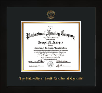 Image of University of North Carolina Charlotte Diploma Frame - Flat Matte Black - w/Official Embossing of UNCC Seal & Name - Black on Gold mats