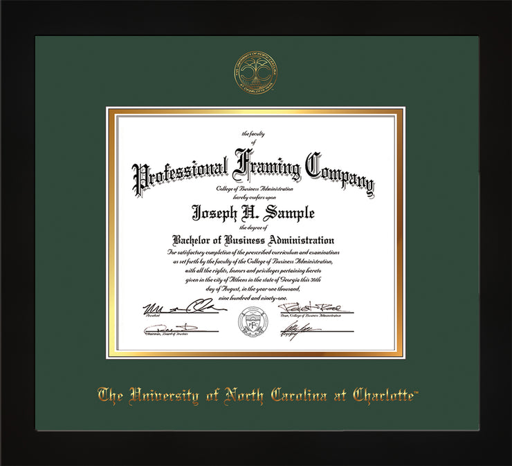 Image of University of North Carolina Charlotte Diploma Frame - Flat Matte Black - w/Official Embossing of UNCC Seal & Name - Green on Gold mats