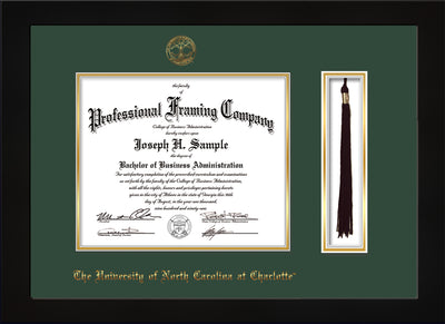 Image of University of North Carolina Charlotte Diploma Frame - Flat Matte Black - w/Official Embossing of UNCC Seal & Name - Tassel Holder - Green on Gold mats