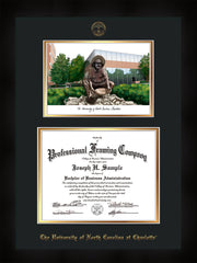 Image of University of North Carolina Charlotte Diploma Frame - Flat Matte Black - w/Official Embossing of UNCC Seal & Name - Campus Watercolor - Black on Gold