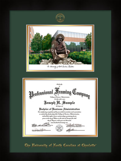 Image of University of North Carolina Charlotte Diploma Frame - Flat Matte Black - w/Official Embossing of UNCC Seal & Name - Campus Watercolor - Green on Gold