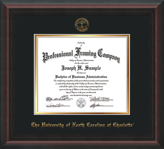Image of University of North Carolina Charlotte Diploma Frame - Mahogany Braid - w/Official Embossing of UNCC Seal & Name - Black on Gold mats