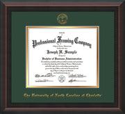 Image of University of North Carolina Charlotte Diploma Frame - Mahogany Braid - w/Official Embossing of UNCC Seal & Name - Green on Gold mats