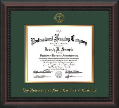 Image of University of North Carolina Charlotte Diploma Frame - Mahogany Braid - w/Official Embossing of UNCC Seal & Name - Green on Gold mats