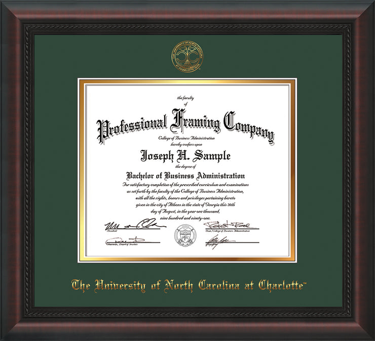 Image of University of North Carolina Charlotte Diploma Frame - Mahogany Braid - w/Official Embossing of UNCC Seal & Name - Green on Gold mats