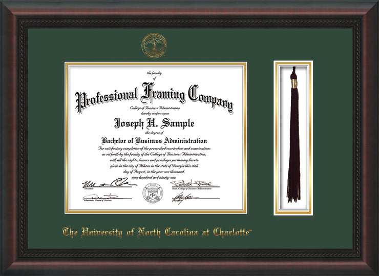 Image of University of North Carolina Charlotte Diploma Frame - Mahogany Braid - w/Official Embossing of UNCC Seal & Name - Tassel Holder - Green on Gold mats