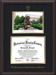 Image of University of North Carolina Charlotte Diploma Frame - Mahogany Braid - w/Official Embossing of UNCC Seal & Name - Campus Watercolor - Black on Gold