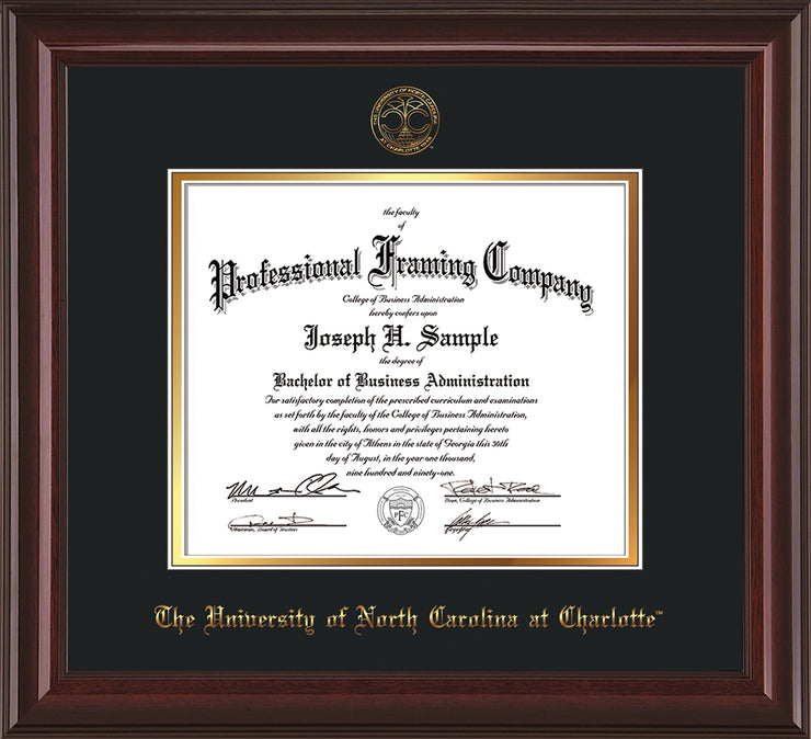 Image of University of North Carolina Charlotte Diploma Frame - Mahogany Lacquer - w/Official Embossing of UNCC Seal & Name - Black on Gold mats