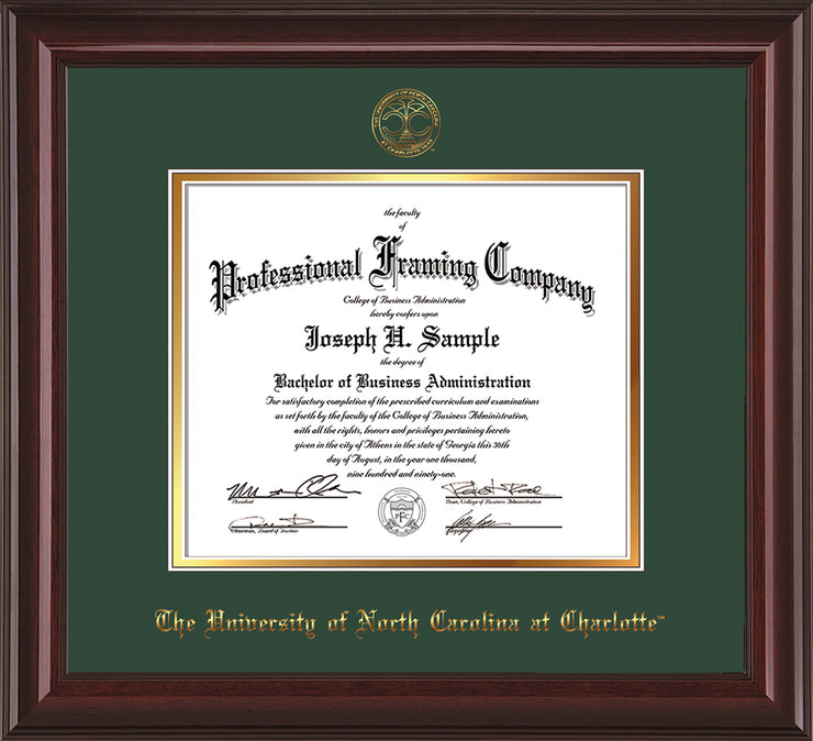 Image of University of North Carolina Charlotte Diploma Frame - Mahogany Lacquer - w/Official Embossing of UNCC Seal & Name - Green on Gold mats