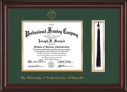 Image of University of North Carolina Charlotte Diploma Frame - Mahogany Lacquer - w/Official Embossing of UNCC Seal & Name - Tassel Holder - Green on Gold