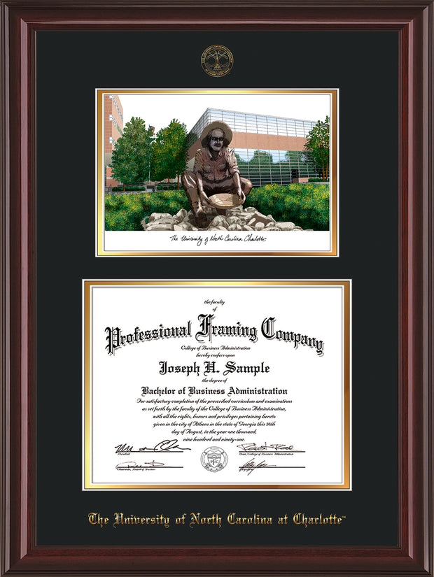 Image of University of North Carolina Charlotte Diploma Frame - Mahogany Lacquer - w/Official Embossing of UNCC Seal & Name - Campus Watercolor - Black on Gold
