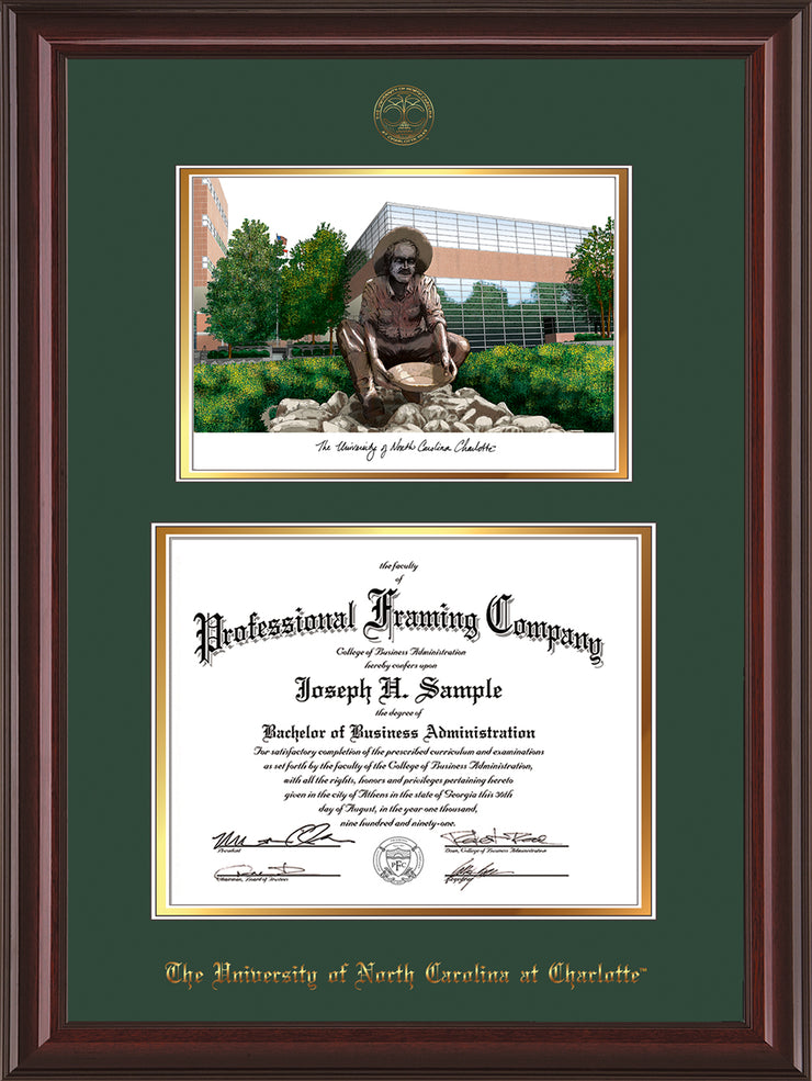 Image of University of North Carolina Charlotte Diploma Frame - Mahogany Lacquer - w/Official Embossing of UNCC Seal & Name - Campus Watercolor - Green on Gold