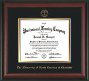 Image of University of North Carolina Charlotte Diploma Frame - Rosewood - w/Official Embossing of UNCC Seal & Name - Black on Gold mats