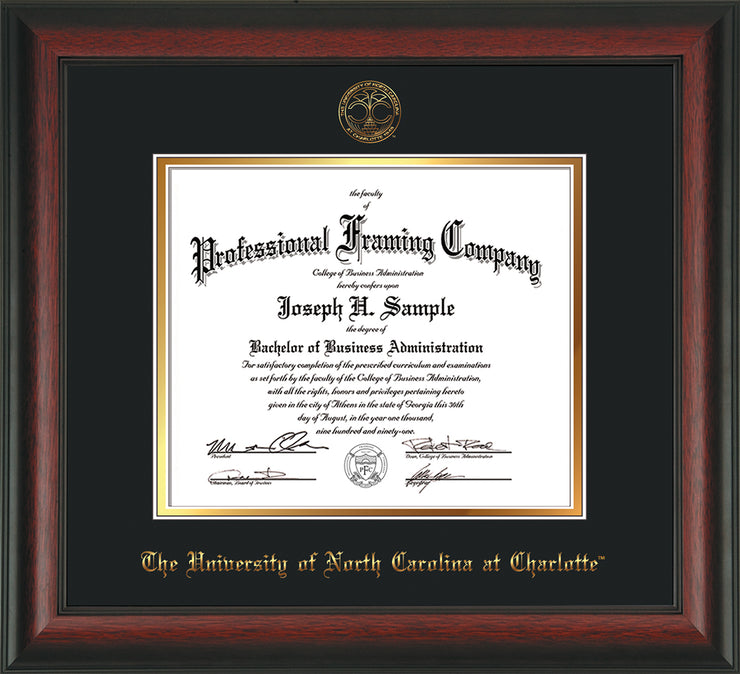 Image of University of North Carolina Charlotte Diploma Frame - Rosewood - w/Official Embossing of UNCC Seal & Name - Black on Gold mats
