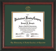 Image of University of North Carolina Charlotte Diploma Frame - Rosewood - w/Official Embossing of UNCC Seal & Name - Green on Gold mats