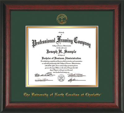 Image of University of North Carolina Charlotte Diploma Frame - Rosewood - w/Official Embossing of UNCC Seal & Name - Green on Gold mats