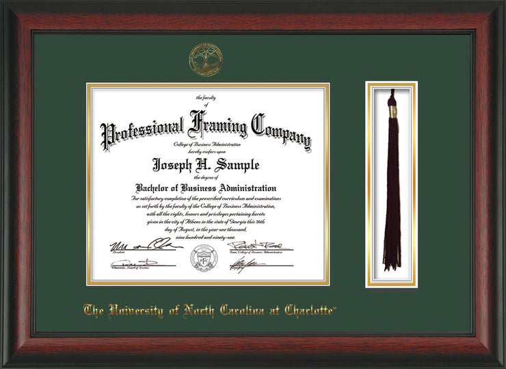 Image of University of North Carolina Charlotte Diploma Frame - Rosewood - w/Official Embossing of UNCC Seal & Name - Tassel Holder - Green on Gold mats